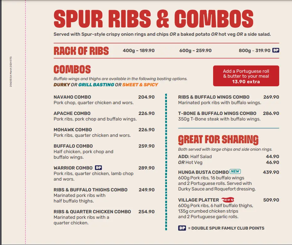 Combo Spur Menu And Prices