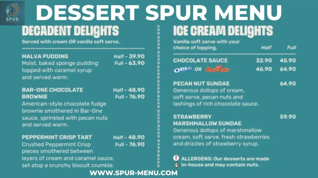 Dessert Spur Menu Pricing SA