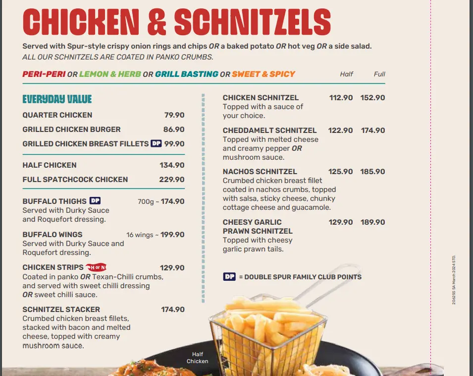 Spur Chicken menu & Schnitzels