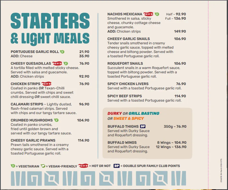 Spur Starters & Light Meals Menu Prices